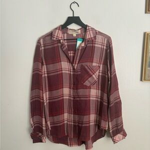 Anthropologie Cloth & Stone Burgundy Pink Plaid Shirt Button Down Womens Medium